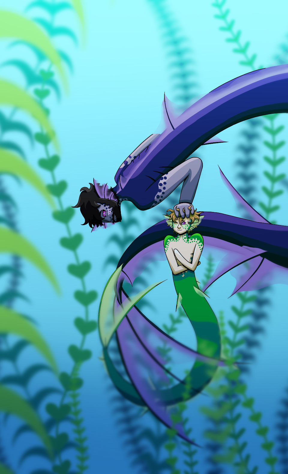 Merfolk father and son curled around each other