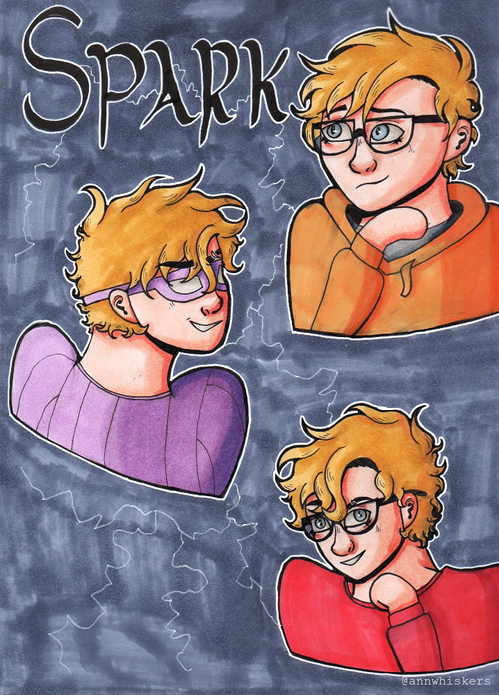 A marker spread of Ben (Also knows as Spark) showing him in three different points in his story. The first, he looks like a normal guy with glasses and straightened hair. 
                                                                    The second, he's in his super outfit as Spark, with wavy hair, wearing a mask, and grinning. 
                                                                    Third, he's normal Ben again with glasses, but this time with wavy hair, showing he is being himself. 
                                                                    Fourth, he's in his Spark outfit again, but this time wearing a black mask and a black hoodie over his usual purple shirt. 
                                                                    Fifth, he looks sickly and exhausted, with shorter hair. He's leaning on his hand for support. 
                                                                    and Lastly, he's in his Spark getup again with the black hoodie, but now with the shorter hair and no mask.