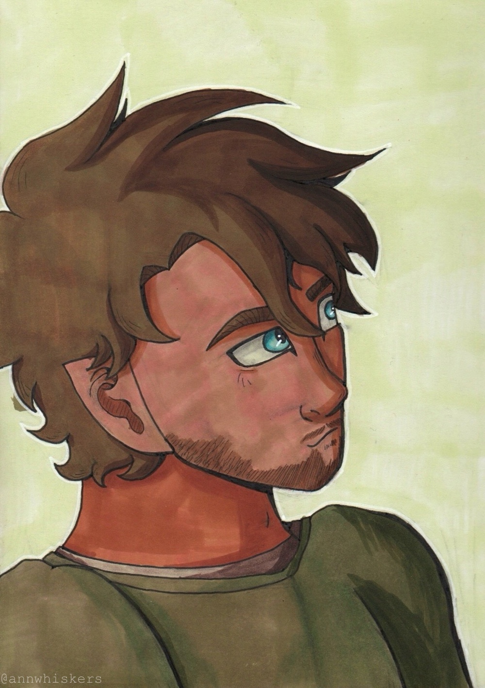 A marker portrait of a man named Cliff leaning against the side of the page and glancing to the side