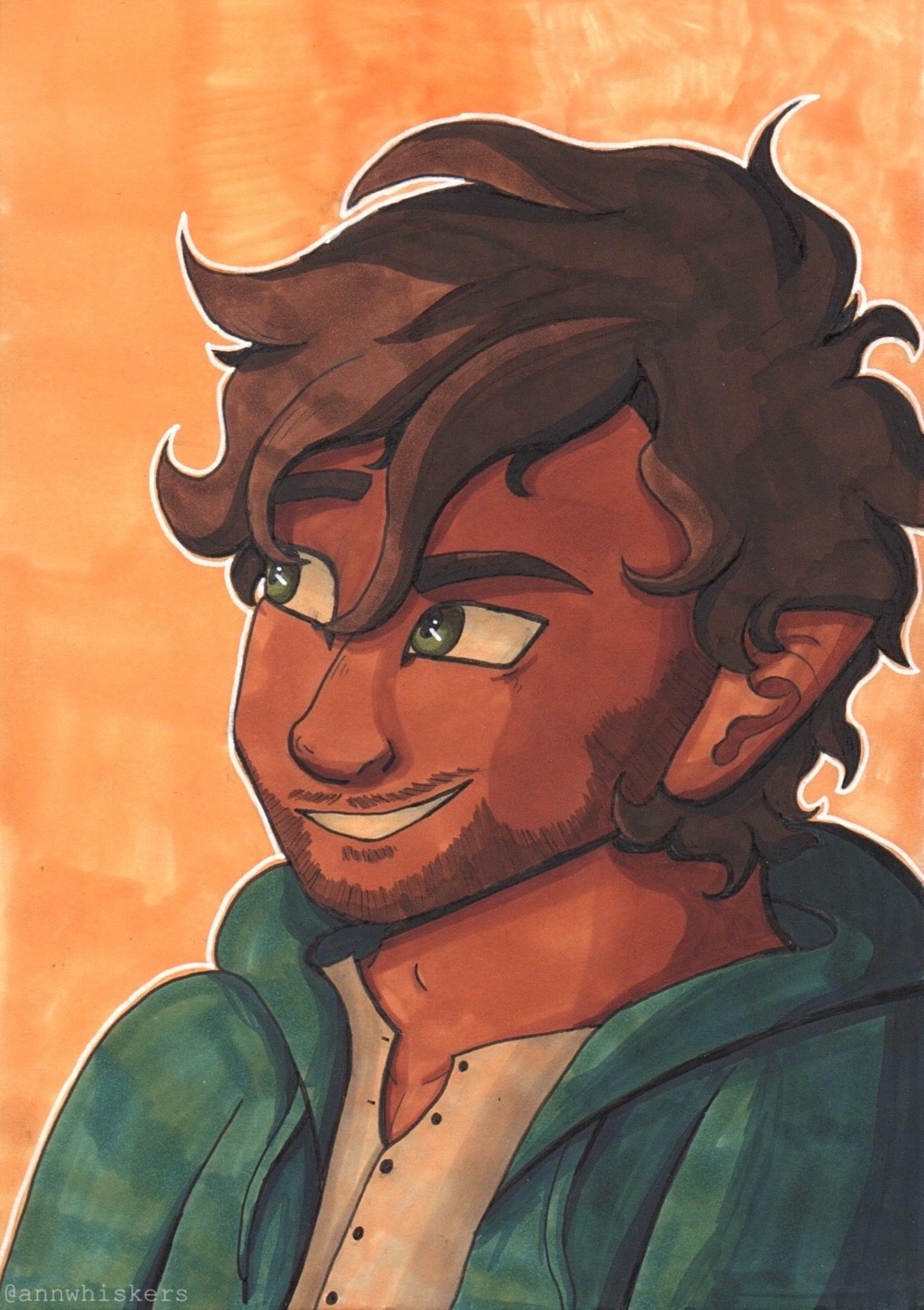 A marker portrait of a man named Nico leaning against the side of the page and grinning at someone next to him who's out of view