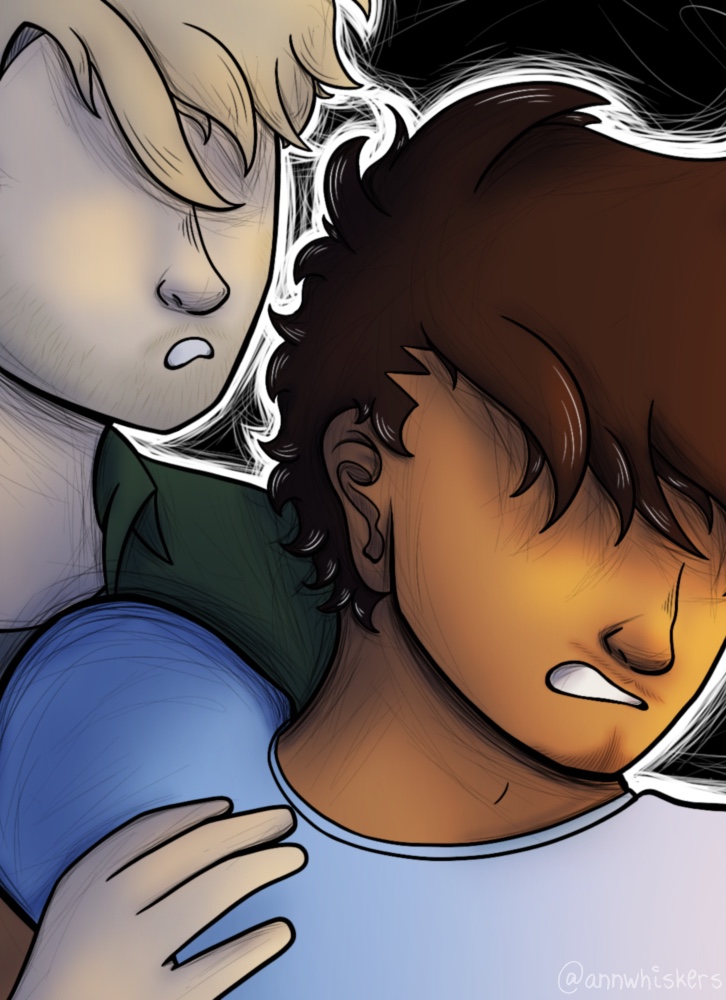 A cropped version of the first illustration of Thunderbolt, one of my books. it shows Eric and Keith,
                                                                             with Keith trying to be touchy and Eric getting annoyed and pushing him away slightly, leaving Keith a little hurt