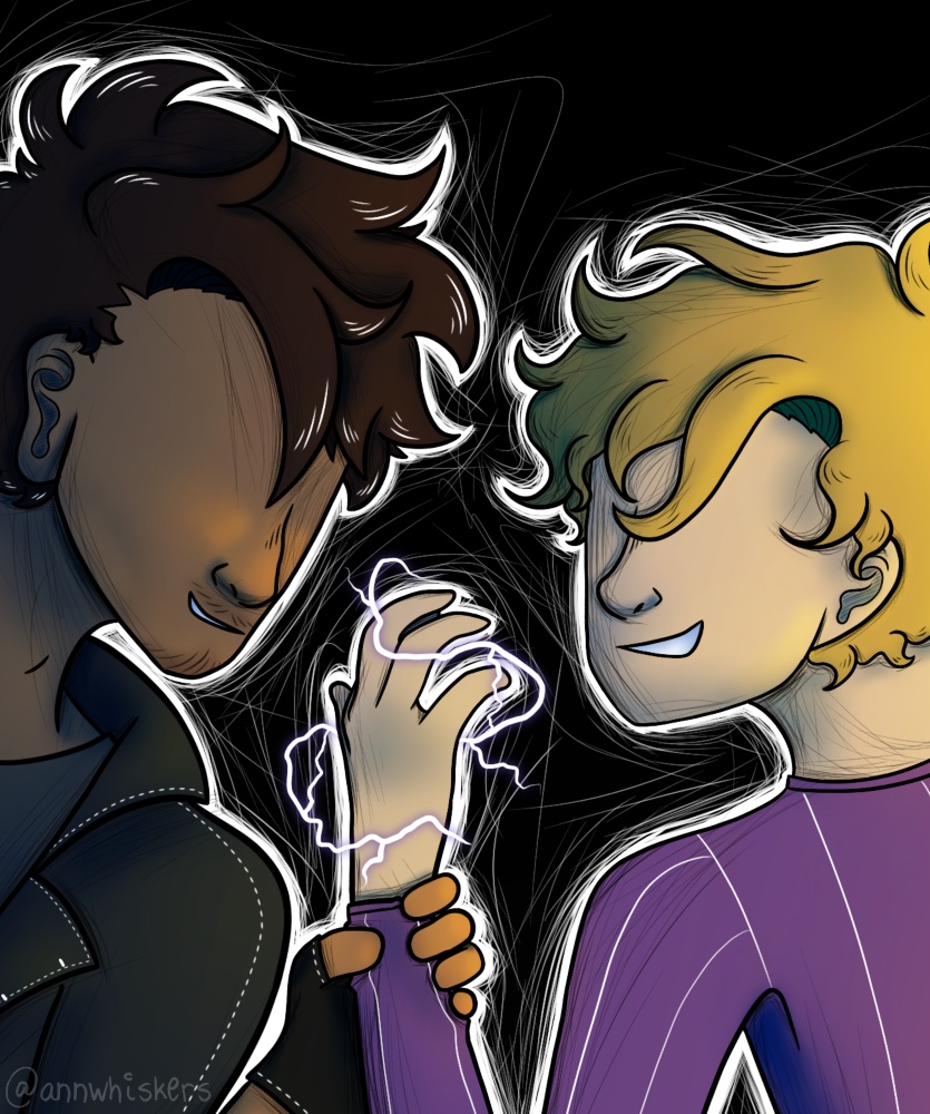A cropped version of the second  illustration of Thunderbolt, one of my books. It shows Eric and Ben in their alter ego's outfits, Esprit and Spark. 
                                                                    They're in the middle of a fight, Ben has electricity around his hand and holds his glasses in his other hand, while Eric has a grip in Ben's electrified wrist. 
                                                                    They're grinning at each other.