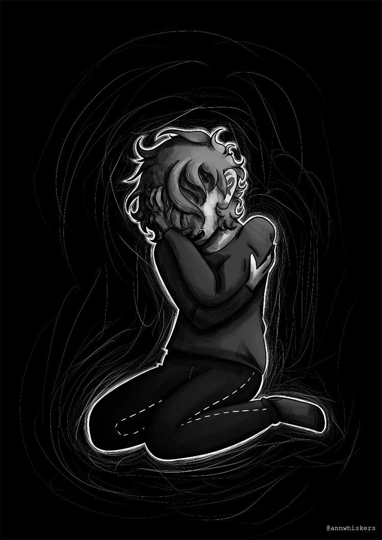 A greyscale illustration of a guy, Ben, kneeling on the ground, wearing baggy clothes, and intesely hugging himself and grabbing at his hair while he looks like he's screaming, like he's trapped somehow.