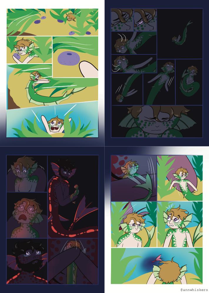 4 page comic of a small merboy being dragged to the depths and being brought back up by a huge deep sea merman