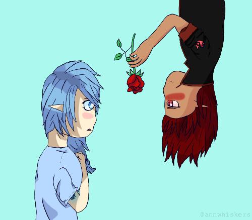 old drawing of a boy giving a girl a rose while he's hanging upside down