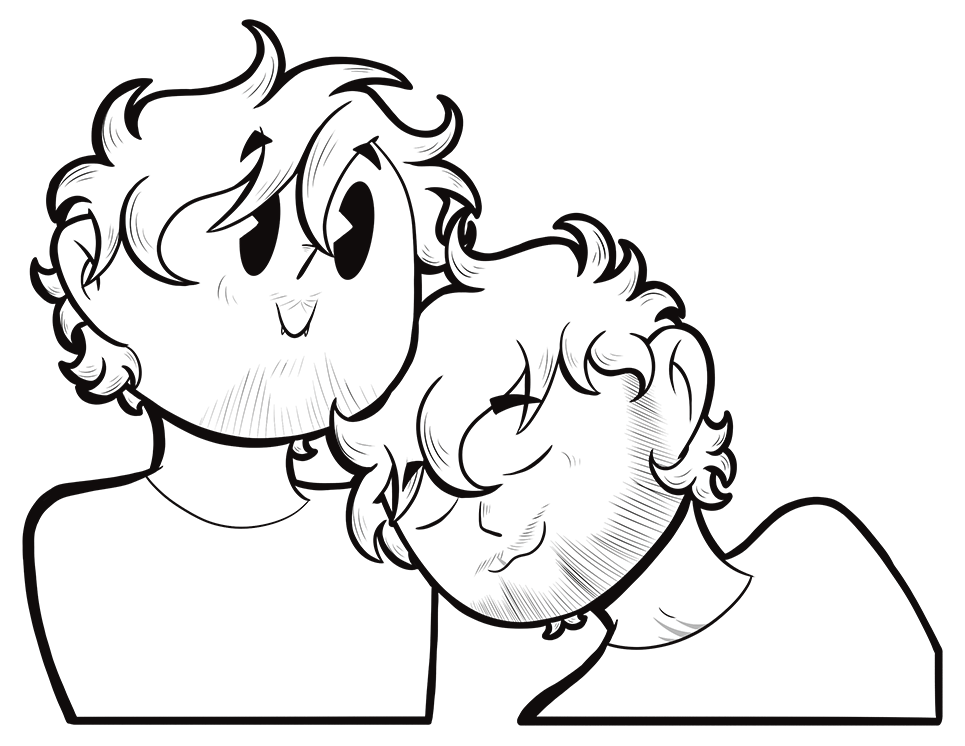 simple line drawing of Hyde leaning on Rune's shoulder