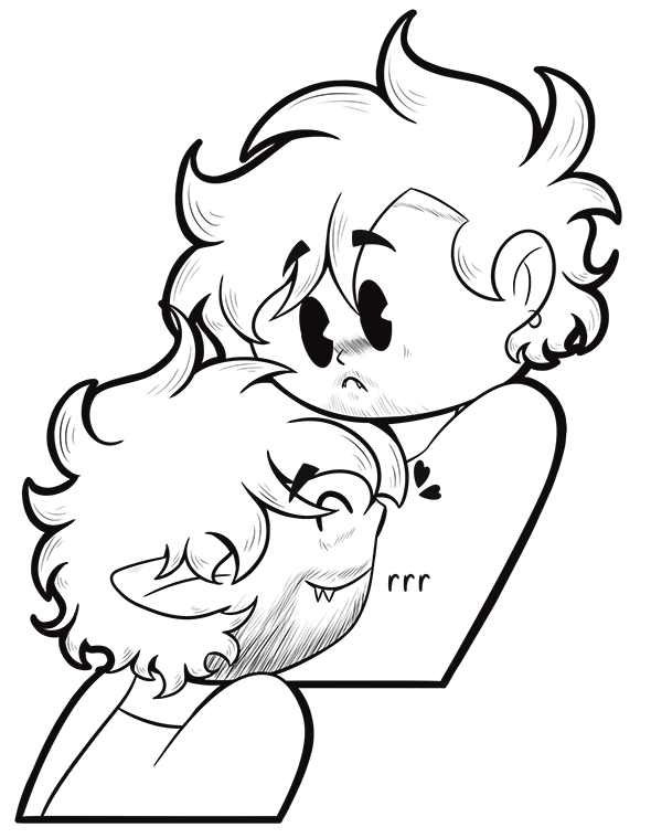 simple line drawing of werewolf Hyde nuzzling Rune