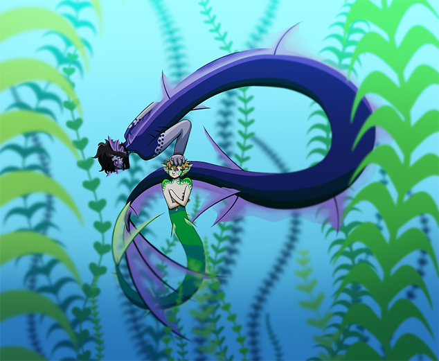 Father (Merric) and son (Bo) merfolk in a kelp forest being affectionate