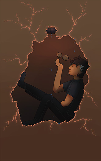 Older man (Lucas) calmly sitting in a hole in the ground, fiddling with rocks while water drips on him from a pipe