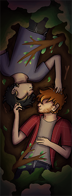 A werewolf (Hyde) and a vampire (Rune) being gay on a forest floor (daytime)