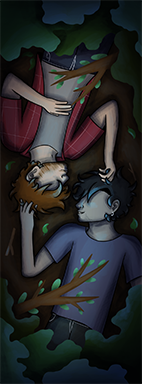 A werewolf (Hyde) and a vampire (Rune) being gay on a forest floor (nighttime)