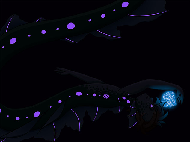 A merman (Kai) playing with a jellyfish in the deep, showing bioluminescence
