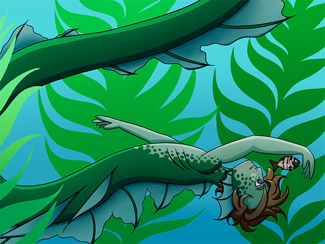 A merman (Kai) playing with a fish in a kelp forest