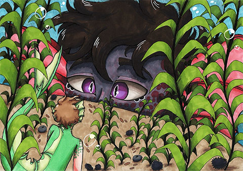Marker drawing of a kelp forest with a small merboy (Bo) and a huge deep sea merman (Varan)