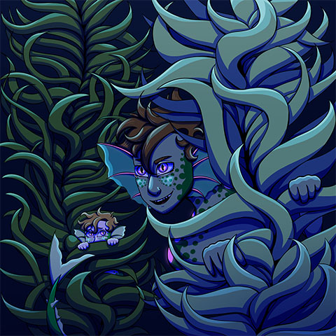 Two merfolk brothers (Kai and Bo) hiding in kelp, up to mischief