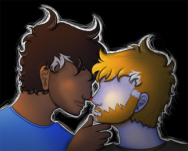 Two older men (Lucas and Seán), one gently holding the other's chin, smiling at each other and softly touching noses