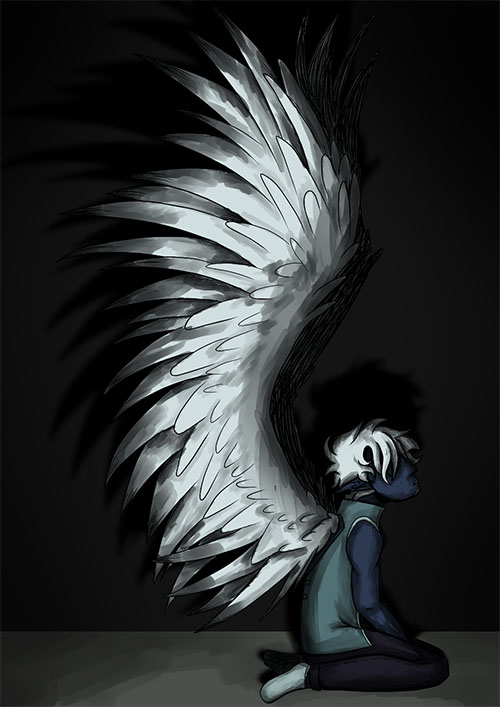 A Sky elf (Ciel) with big wings kneeling on the floor and being sad