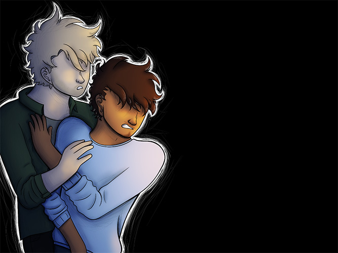 Tall man (Keith) wants to be affectionate, but less tall man (Eric) is having none of it