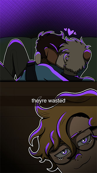 A guy (Ben) taking a selfie with his two drunk boyfriends (Eric and Keith) making out in the background